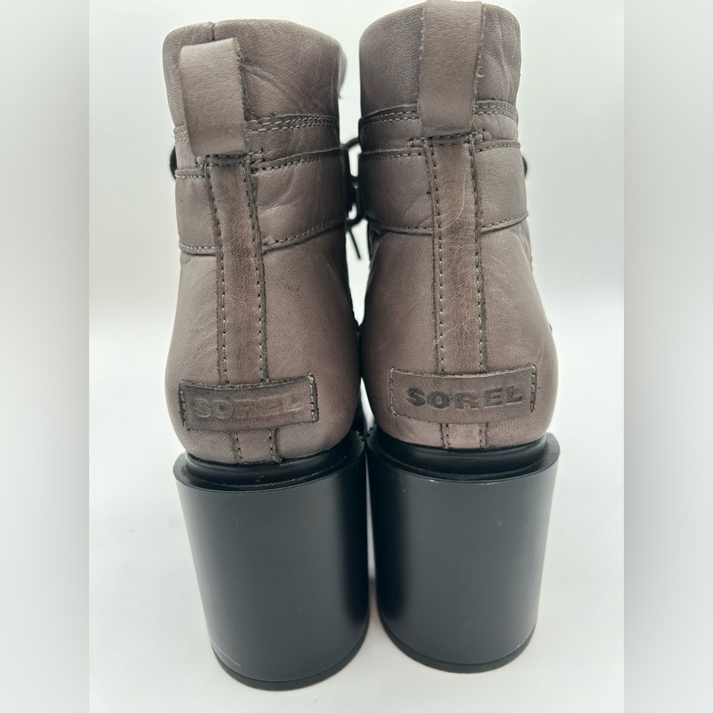 Sorel Margo Lace Up Ankle Heeled Platform Boot Bootie, Quarry Gray Leather 10.5 - Picture 7 of 9